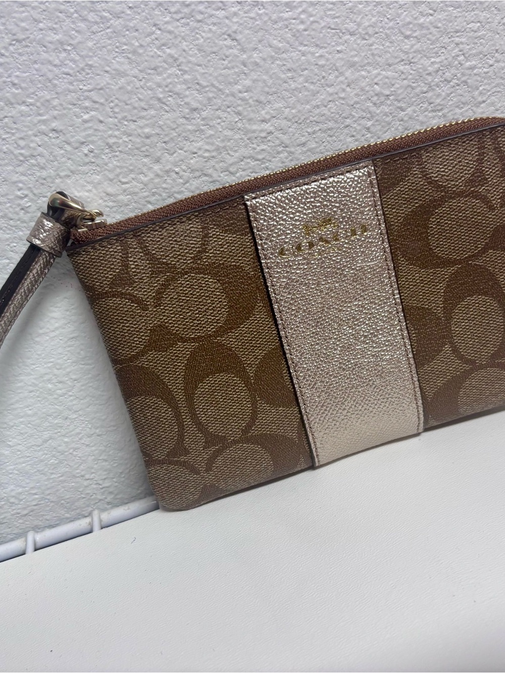 Coach Brown Signature Wristlet with Metallic Gold Center Panel